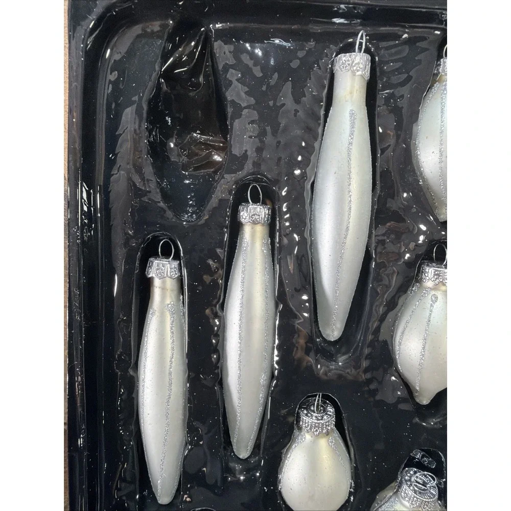 Yule Glass Christmas Ornaments White Silver Glitter In Box Set of 19 Assorted